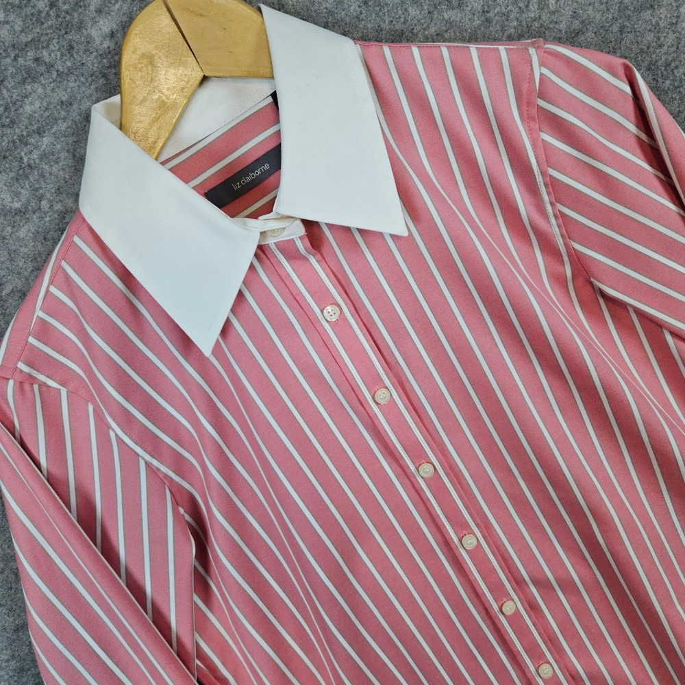 Liz‎ Claiborne Women's Pink Striped Size 4 Button Up Shirt White Trim Preppy